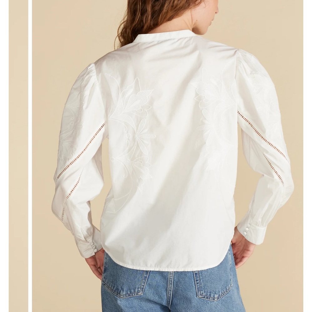 Amour Vert Angelique white embroidered button down collarless poplin blouse XL - Picture 13 of 13